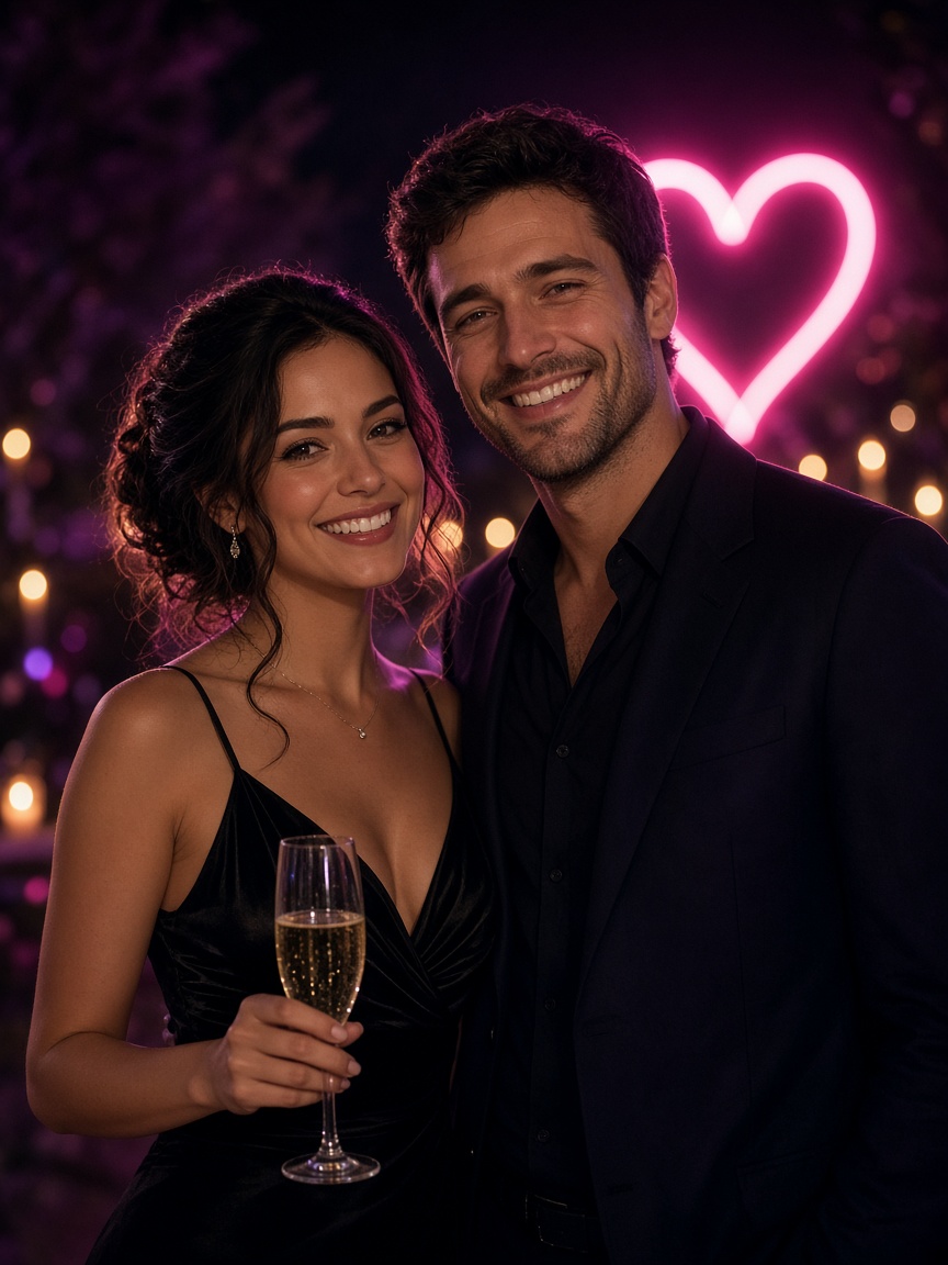 A couple close together, champagne in hand, with a neon heart behind them.